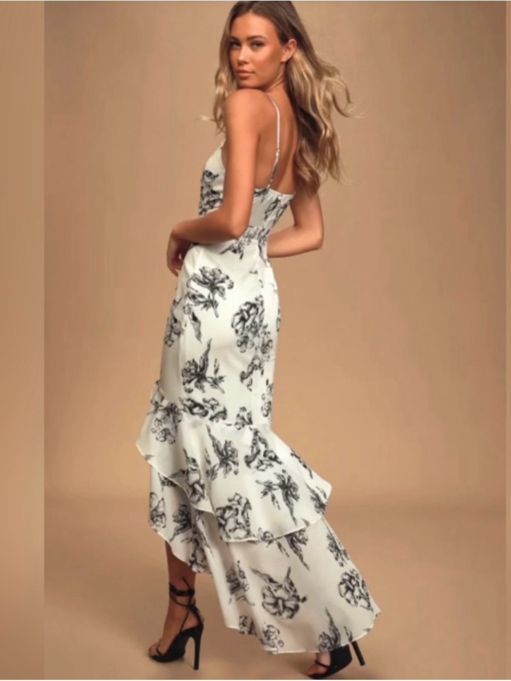 Lulu's White & Black Floral High-Low Ruffle Dress - Picture 3 of 8